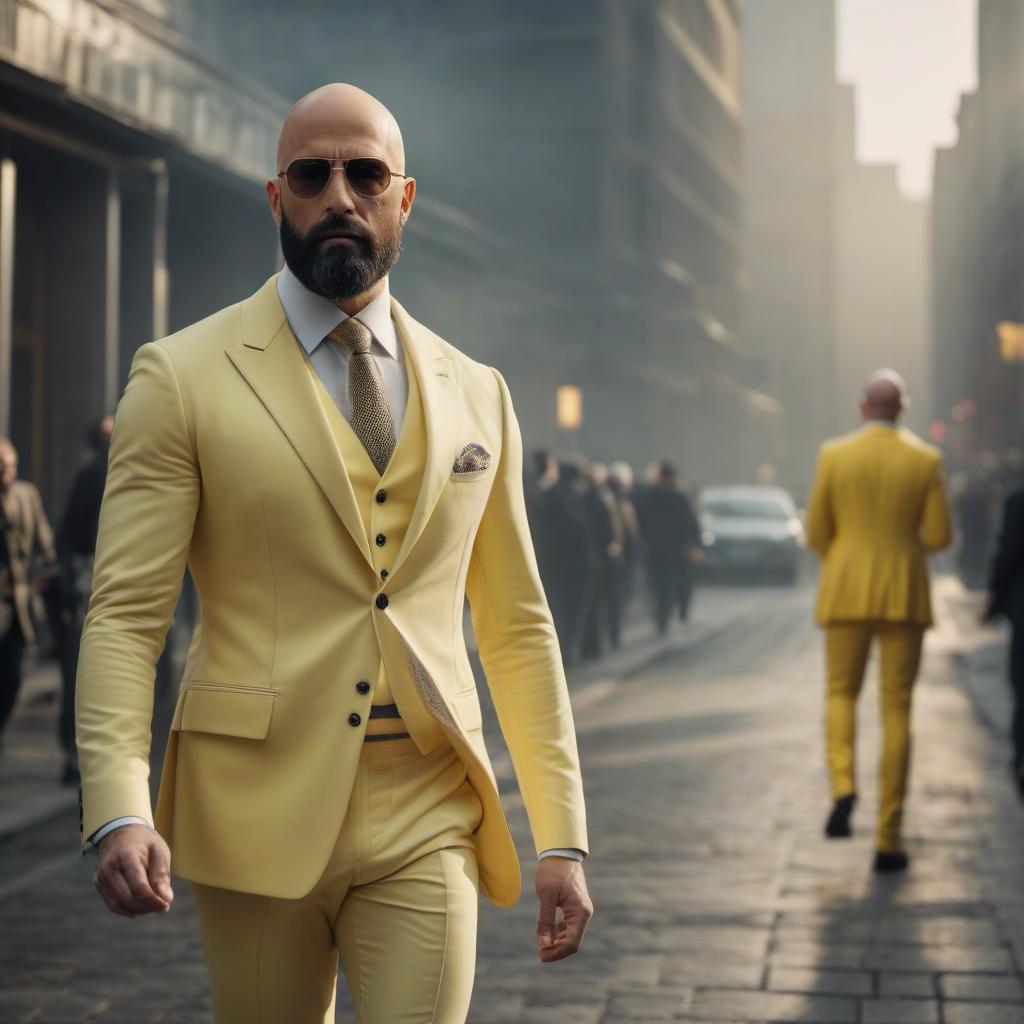  A bald man with a beard, wearing a stylish light yellow suit, and standing in a troika with tall boots. The man is stylish in height. hyperrealistic, full body, detailed clothing, highly detailed, cinematic lighting, stunningly beautiful, intricate, sharp focus, f/1. 8, 85mm, (centered image composition), (professionally color graded), ((bright soft diffused light)), volumetric fog, trending on instagram, trending on tumblr, HDR 4K, 8K