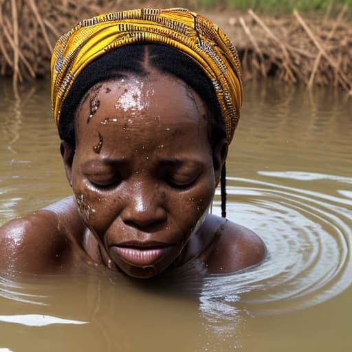  african woman's head drowning in the river the water is up to her nose