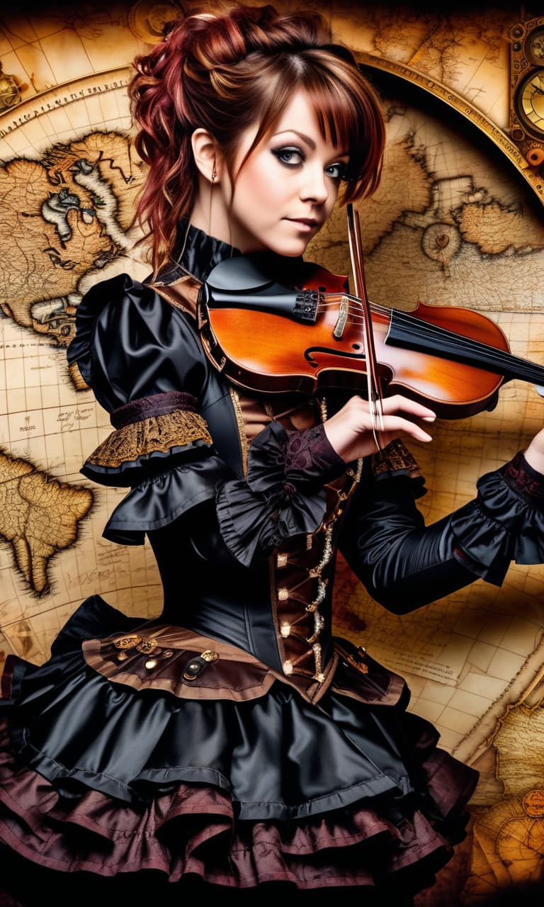  The most detailed steampunk image, close up of Lindsey Stirling in a dark puffy dress with a short skirt, flounces and ruffles, Victorian style, against the background of an ancient map, dynamic expressive pose, people walking in Tudor clothes, complex image, masterpiece, maximum detail, the most detailed drawn faces, the main focus on the face, the most clearly drawn and detailed eyes, slender figure, beautiful legs, photorealism, image in the style of Daniel F. Gerhartz and Eugene de Blaas, the most realistic image hyperrealistic, full body, detailed clothing, highly detailed, cinematic lighting, stunningly beautiful, intricate, sharp focus, f/1. 8, 85mm, (centered image composition), (professionally color graded), ((bright soft diffused light)), volumetric fog, trending on instagram, trending on tumblr, HDR 4K, 8K