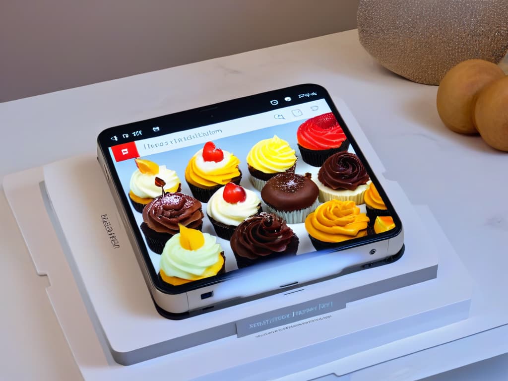  A photorealistic image of a sleek, modern smartphone laid out on a marble countertop, displaying a vibrant and visually appealing dessert design app interface. The screen showcases a variety of intricate dessert creations, from colorful cupcakes to decadent cakes, all with professionalgrade designs and creative elements. The background features soft, diffused lighting that highlights the details of the desserts, emphasizing the app's potential to elevate dessert design skills to the next level. hyperrealistic, full body, detailed clothing, highly detailed, cinematic lighting, stunningly beautiful, intricate, sharp focus, f/1. 8, 85mm, (centered image composition), (professionally color graded), ((bright soft diffused light)), volumetric fog, trending on instagram, trending on tumblr, HDR 4K, 8K