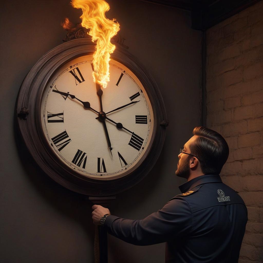  "Giant clocks burn with a bright flame on the wall, using the method of fire imposed on the clocks." (It seems like the original text is describing a unique way of illuminating or decorating clocks on a wall using fire.) hyperrealistic, full body, detailed clothing, highly detailed, cinematic lighting, stunningly beautiful, intricate, sharp focus, f/1. 8, 85mm, (centered image composition), (professionally color graded), ((bright soft diffused light)), volumetric fog, trending on instagram, trending on tumblr, HDR 4K, 8K