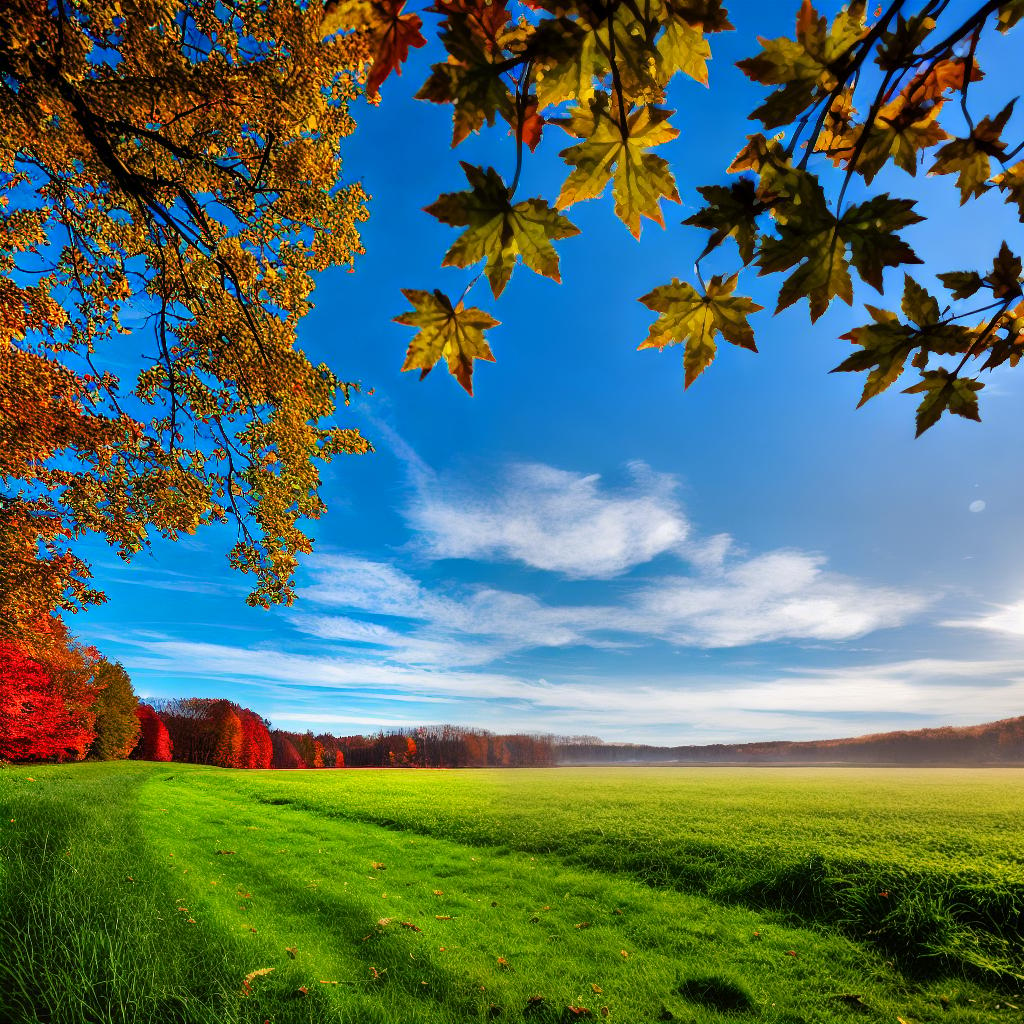  A picturesque autumn landscape with blue sky and white clouds, featuring a lush grassy field and vibrant maple leaves hyperrealistic, full body, detailed clothing, highly detailed, cinematic lighting, stunningly beautiful, intricate, sharp focus, f/1. 8, 85mm, (centered image composition), (professionally color graded), ((bright soft diffused light)), volumetric fog, trending on instagram, trending on tumblr, HDR 4K, 8K