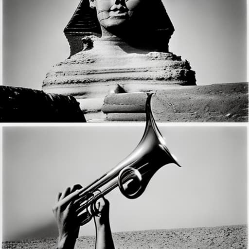 analog style A whimsical photo montage of a crocodile playing the trumpet in front of the Sphinx in Egypt