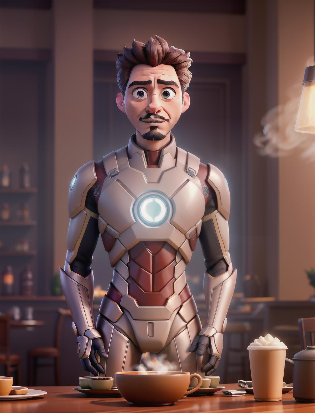  Create an image depicting Tony Stark seated at a cozy café table, engaged in conversation with his Iron Man suit. The atmosphere should be warm and inviting, with steaming cups of coffee on the table and subtle technological elements integrated into the background. Tony and his suit should be portrayed in a style that blends cartoon aesthetics with realistic details, capturing both the whimsy of the scene and the iconic characters involved hyperrealistic, full body, detailed clothing, highly detailed, cinematic lighting, stunningly beautiful, intricate, sharp focus, f/1. 8, 85mm, (centered image composition), (professionally color graded), ((bright soft diffused light)), volumetric fog, trending on instagram, trending on tumblr, HDR 4K, 8K