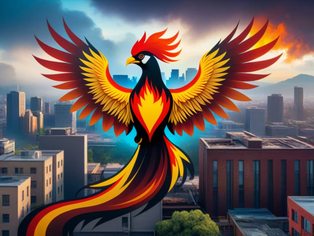  An intricate mural depicting a majestic phoenix rising from the ashes against a backdrop of a gritty urban landscape. The phoenix is resplendent in vibrant hues of red, orange, and gold, its feathers glowing with an otherworldly light. The cityscape around it is filled with graffiticovered walls and dilapidated buildings, creating a striking contrast between the mythical creature and the urban setting. The scene is brought to life with incredible detail, showcasing the intricate patterns on the phoenix's wings and the intricate textures of the crumbling cityscape below. hyperrealistic, full body, detailed clothing, highly detailed, cinematic lighting, stunningly beautiful, intricate, sharp focus, f/1. 8, 85mm, (centered image composition), (professionally color graded), ((bright soft diffused light)), volumetric fog, trending on instagram, trending on tumblr, HDR 4K, 8K