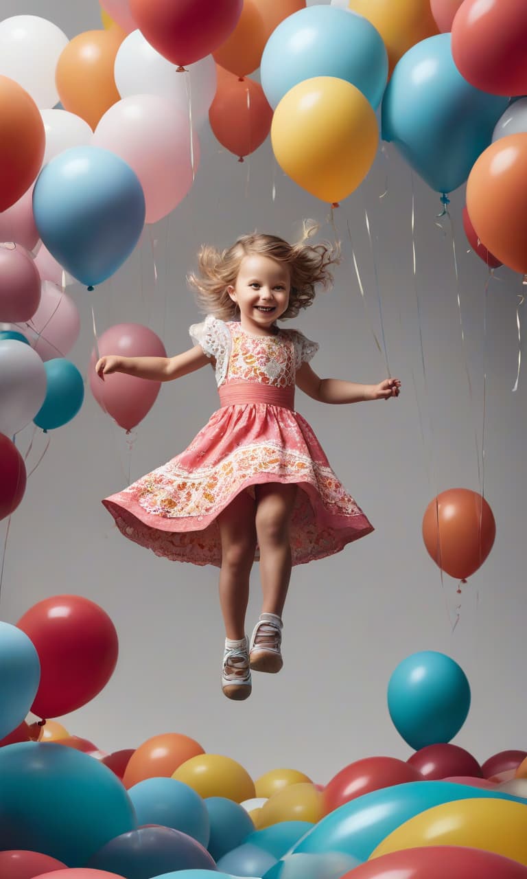  stacked papercut art of A little girl in a bright dress is bouncing on a trampoline, smiling and approaching the balloons. . 3D, layered, dimensional, depth, precision cut, stacked layers, papercut, high contrast hyperrealistic, full body, detailed clothing, highly detailed, cinematic lighting, stunningly beautiful, intricate, sharp focus, f/1. 8, 85mm, (centered image composition), (professionally color graded), ((bright soft diffused light)), volumetric fog, trending on instagram, trending on tumblr, HDR 4K, 8K