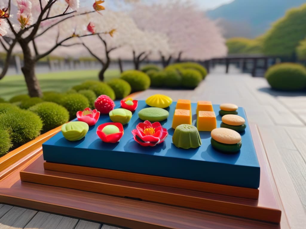  An intricately designed Japanese wagashi confectionery display showcasing a variety of colorful traditional sweets made from mochi, anko, and matcha, set against a backdrop of a serene Japanese garden with cherry blossom trees in full bloom. The delicate craftsmanship of the wagashi is evident in the intricate patterns and vibrant hues, reflecting the rich cultural heritage and artistry of Asian desserts. hyperrealistic, full body, detailed clothing, highly detailed, cinematic lighting, stunningly beautiful, intricate, sharp focus, f/1. 8, 85mm, (centered image composition), (professionally color graded), ((bright soft diffused light)), volumetric fog, trending on instagram, trending on tumblr, HDR 4K, 8K