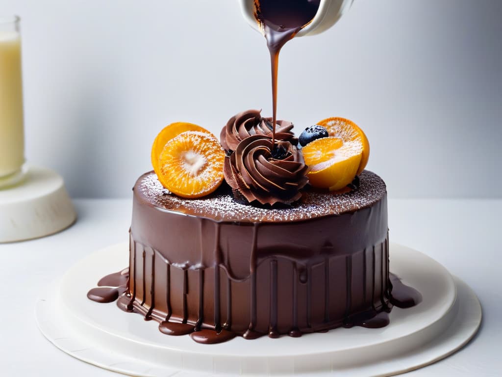  A closeup, ultradetailed image of a shiny, dark chocolate ganache being smoothly poured over a perfectly round, decadent chocolate cake. The ganache is glistening under a soft light, highlighting its velvety texture, while the cake's rich, moist layers peek through from underneath the luscious glaze. The minimalistic composition focuses on the luxurious simplicity of chocolate as the ultimate indulgence in pastry making. hyperrealistic, full body, detailed clothing, highly detailed, cinematic lighting, stunningly beautiful, intricate, sharp focus, f/1. 8, 85mm, (centered image composition), (professionally color graded), ((bright soft diffused light)), volumetric fog, trending on instagram, trending on tumblr, HDR 4K, 8K