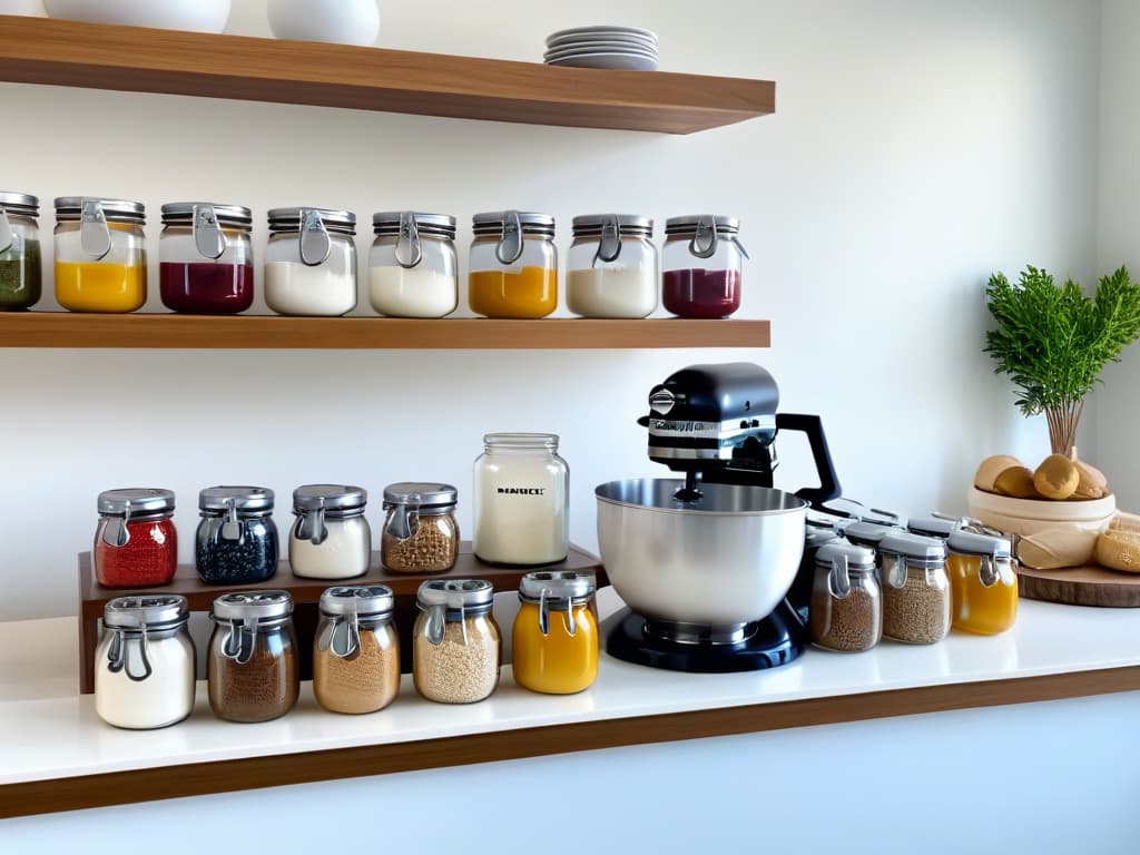  A highresolution, ultradetailed image of a serene and modern kitchen space flooded with natural light, featuring sleek marble countertops, minimalistic wooden shelves displaying neatly organized baking ingredients in glass jars, and a pristine white KitchenAid stand mixer as the focal point. The image conveys a sense of calmness and sophistication, perfect for a retreat dedicated to the art of pastry making. hyperrealistic, full body, detailed clothing, highly detailed, cinematic lighting, stunningly beautiful, intricate, sharp focus, f/1. 8, 85mm, (centered image composition), (professionally color graded), ((bright soft diffused light)), volumetric fog, trending on instagram, trending on tumblr, HDR 4K, 8K