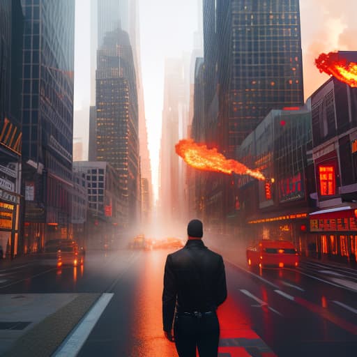  The city is engulfed in flames. hyperrealistic, full body, detailed clothing, highly detailed, cinematic lighting, stunningly beautiful, intricate, sharp focus, f/1. 8, 85mm, (centered image composition), (professionally color graded), ((bright soft diffused light)), volumetric fog, trending on instagram, trending on tumblr, HDR 4K, 8K