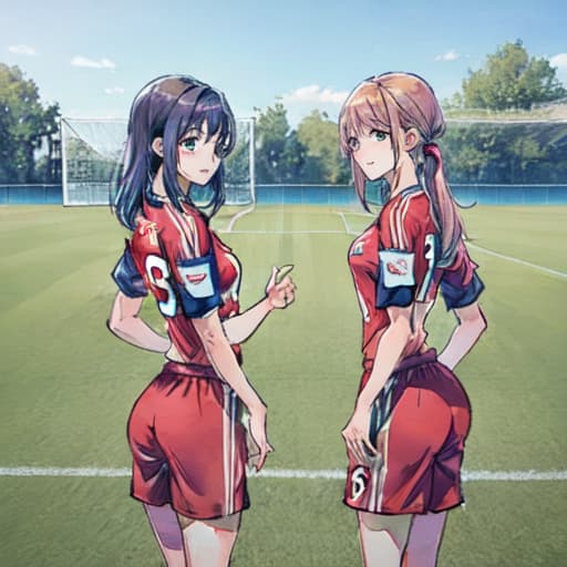  2 girls staring seductively at each other wearing soccer team outfits in front of the picture with the male coach standing from afar. No backround