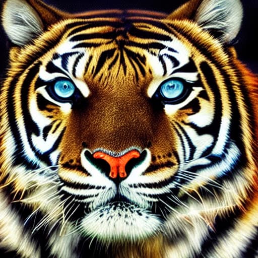  A robotic tiger with glowing eyes and metallic fur. Apply the Following Styles Cubist hyperrealistic, full body, detailed clothing, highly detailed, cinematic lighting, stunningly beautiful, intricate, sharp focus, f/1. 8, 85mm, (centered image composition), (professionally color graded), ((bright soft diffused light)), volumetric fog, trending on instagram, trending on tumblr, HDR 4K, 8K