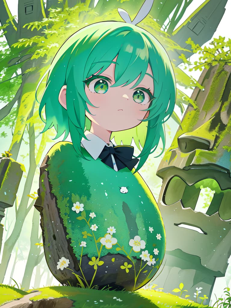  Green hair character and Easter Island, masterpiece, best quality,8k,ultra detailed,high resolution,an extremely delicate and beautiful,hyper detail