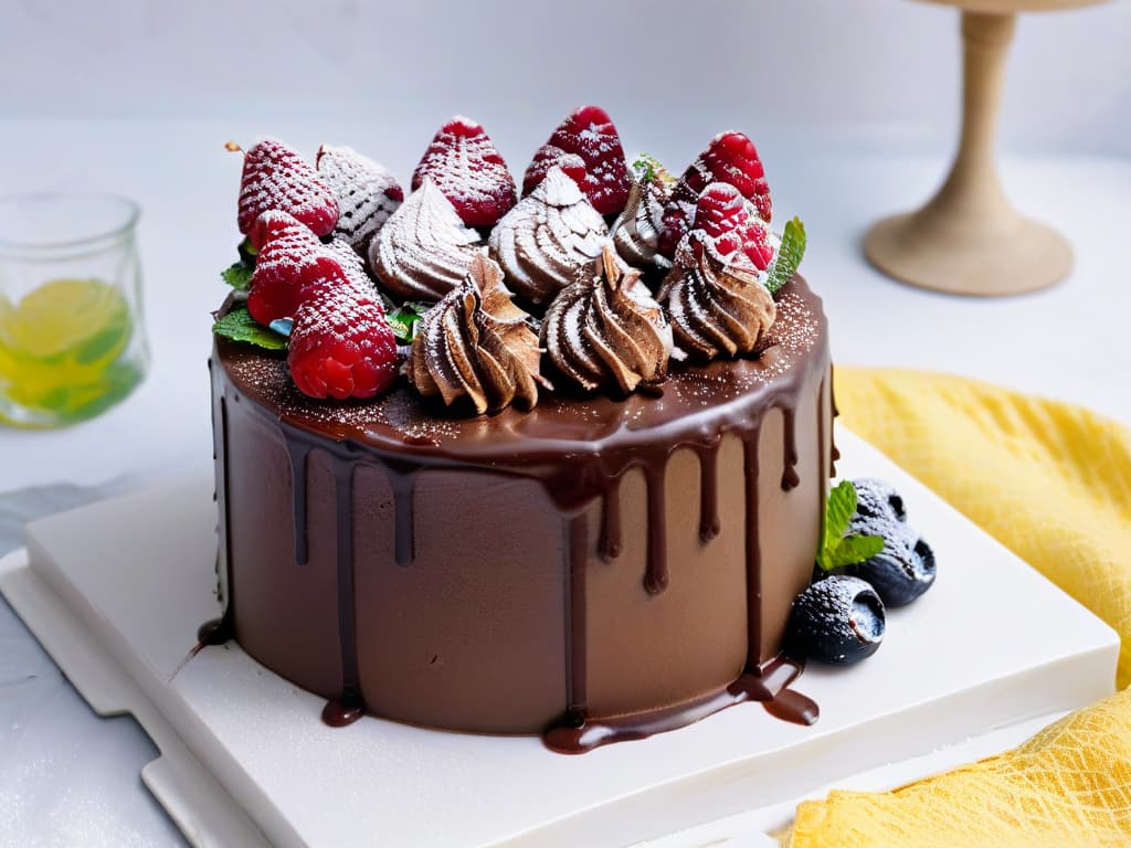  A closeup, ultradetailed image of a decadent vegan chocolate cake with glossy ganache dripping down its sides, adorned with fresh raspberries and mint leaves on a sleek, white marble platter. The cake is perfectly sliced to reveal its moist, rich interior, showcasing layers of chocolate sponge and creamy frosting. The lighting is soft and natural, highlighting the textures and colors of the dessert, creating a mouthwatering and elegant visual appeal. hyperrealistic, full body, detailed clothing, highly detailed, cinematic lighting, stunningly beautiful, intricate, sharp focus, f/1. 8, 85mm, (centered image composition), (professionally color graded), ((bright soft diffused light)), volumetric fog, trending on instagram, trending on tumblr, HDR 4K, 8K