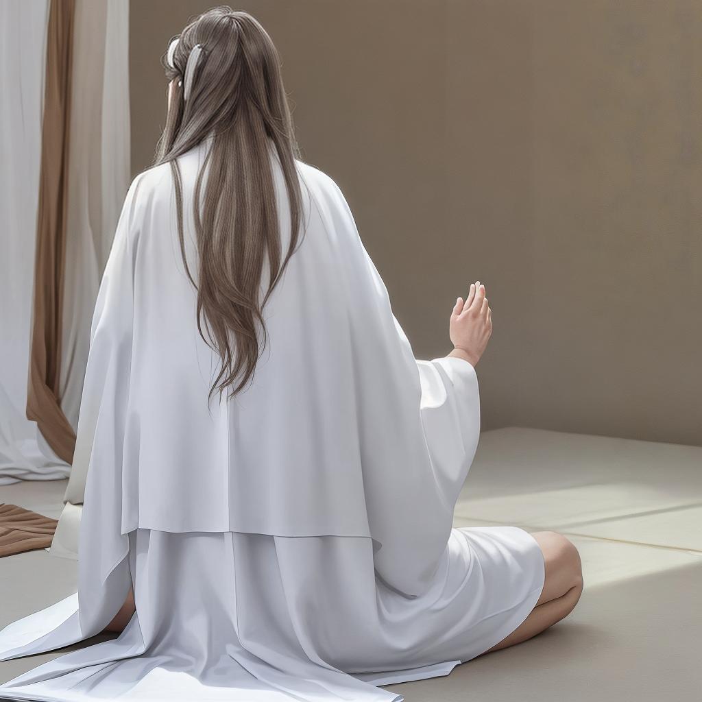  A long-haired man in a white robe meditates with his back to him