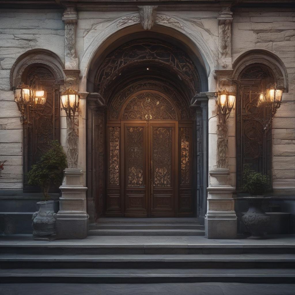  cinematic film still Facade of a cafe building in a medieval style: stone walls, Gothic architecture, large windows, lanterns, and wrought iron elements. The entrance to the cafe is presented by massive doors with patterns and dragon shaped handles. Above the entrance a wrought iron sign with the name of the establishment. . shallow depth of field, vignette, highly detailed, high budget, bokeh, cinemascope, moody, epic, gorgeous, film grain, grainy hyperrealistic, full body, detailed clothing, highly detailed, cinematic lighting, stunningly beautiful, intricate, sharp focus, f/1. 8, 85mm, (centered image composition), (professionally color graded), ((bright soft diffused light)), volumetric fog, trending on instagram, trending on tumblr, HDR 4K, 8K