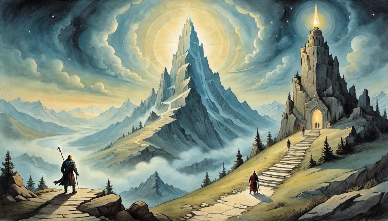  on parchment, surrealism+++, Beacon of light on a highest peak, figures ascending towards the light, guiding trail of luminous steps, determination, hope(mysterious, provocative, symbolic,muted color)+++