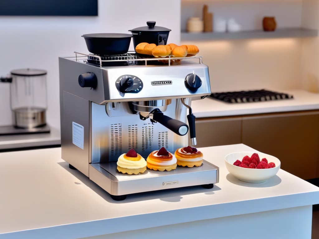  A closeup, ultradetailed image of a sleek, modern kitchen counter with a professionalgrade siphon cream whipper placed elegantly next to a stack of delicate, fluffy pastries. The siphon, reflecting the soft ambient light, exudes a sense of precision and sophistication, while the pastries showcase intricate textures and vibrant colors, hinting at the airy, light desserts that can be effortlessly created with the use of such equipment. hyperrealistic, full body, detailed clothing, highly detailed, cinematic lighting, stunningly beautiful, intricate, sharp focus, f/1. 8, 85mm, (centered image composition), (professionally color graded), ((bright soft diffused light)), volumetric fog, trending on instagram, trending on tumblr, HDR 4K, 8K