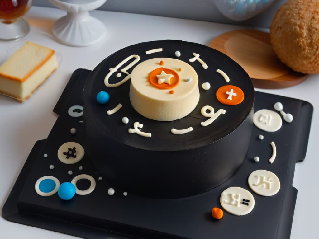  A minimalist illustration of a deconstructed cheesecake topped with a tiny fondant atom model, surrounded by scattered mathematical equations and physics symbols floating in the background, all set on a sleek black plate. hyperrealistic, full body, detailed clothing, highly detailed, cinematic lighting, stunningly beautiful, intricate, sharp focus, f/1. 8, 85mm, (centered image composition), (professionally color graded), ((bright soft diffused light)), volumetric fog, trending on instagram, trending on tumblr, HDR 4K, 8K