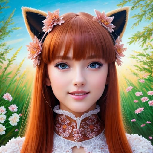  ((masterpiece)), ((the best quality)), (ultra-detailed), ((extremely detailed)), 4K, (8K),1 , big , solo, cute, Fox ears, blush, smiling, red eyes, light Burnt Orange hair, blunt bangs, long hair, nine tail foxes, choker, {1 in center}, (mature female:1.0), (mature face:0.9), Exceptional smile, sitting, (close up :0.95), cowboy shot, (from below:1.05),(dynamic_angle:0.6), (beautifully detailed face, oily shiny skin), (abs:0.7), (detailed eyes, sharp eyes, clear pupils:0.8), eyelashes, perfect hands, five fingers on one hand, (intricate:1.2), (semirealistic:1.2), (heavy lines:0.8), (color sketch:0.5), color ilration, masterpiece, (high saturation:0.95), beautiful background, (clearly), sharp shadows, boldly, (in flowe