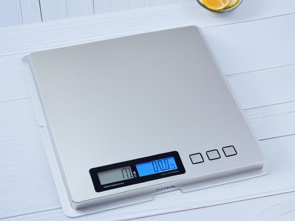  A sleek, minimalistic image of a hightech digital kitchen scale with a sleek stainless steel surface and a modern, easytoread digital display showing precise measurements. The scale is set against a clean, white background to emphasize its simplicity and precision, appealing to the professional and inspirational tone of the article. hyperrealistic, full body, detailed clothing, highly detailed, cinematic lighting, stunningly beautiful, intricate, sharp focus, f/1. 8, 85mm, (centered image composition), (professionally color graded), ((bright soft diffused light)), volumetric fog, trending on instagram, trending on tumblr, HDR 4K, 8K