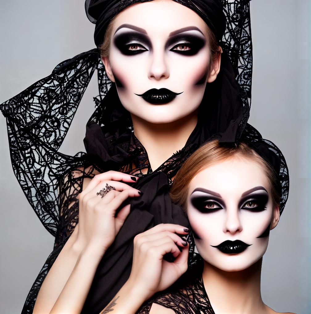  Female model wearing gothic style makeup with black lace scarf