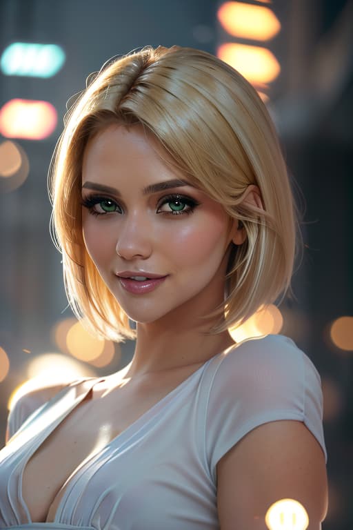  1girl,1girl,blonde short hair,straight hair,upper body shot,shirt,smile hyperrealistic, full body, detailed clothing, highly detailed, cinematic lighting, stunningly beautiful, intricate, sharp focus, f/1. 8, 85mm, (centered image composition), (professionally color graded), ((bright soft diffused light)), volumetric fog, trending on instagram, trending on tumblr, HDR 4K, 8K