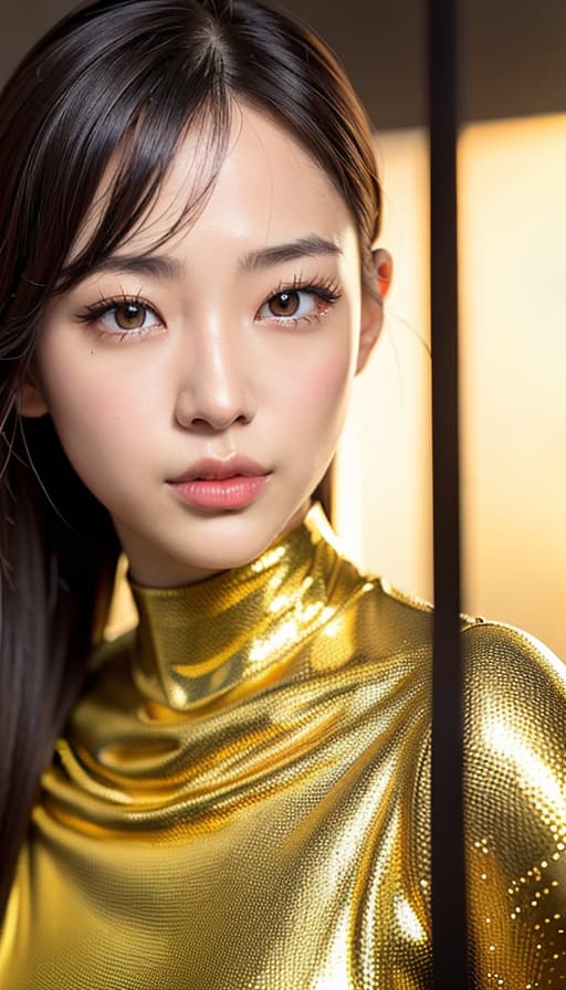  Japanese beauty Wearing gold metallic mini skin, (Masterpiece, BestQuality:1.3), (ultra detailed:1.2), (hyperrealistic:1.3), (RAW photo:1.2),High detail RAW color photo, professional photograph, (Photorealistic:1.4), (realistic:1.4), ,professional lighting, (japanese), beautiful face, (realistic face)