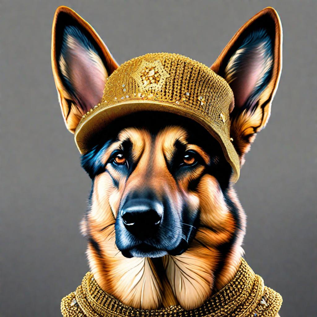  german shepard with gold knitted hat with diamond teeth hyperrealistic, full body, detailed clothing, highly detailed, cinematic lighting, stunningly beautiful, intricate, sharp focus, f/1. 8, 85mm, (centered image composition), (professionally color graded), ((bright soft diffused light)), volumetric fog, trending on instagram, trending on tumblr, HDR 4K, 8K