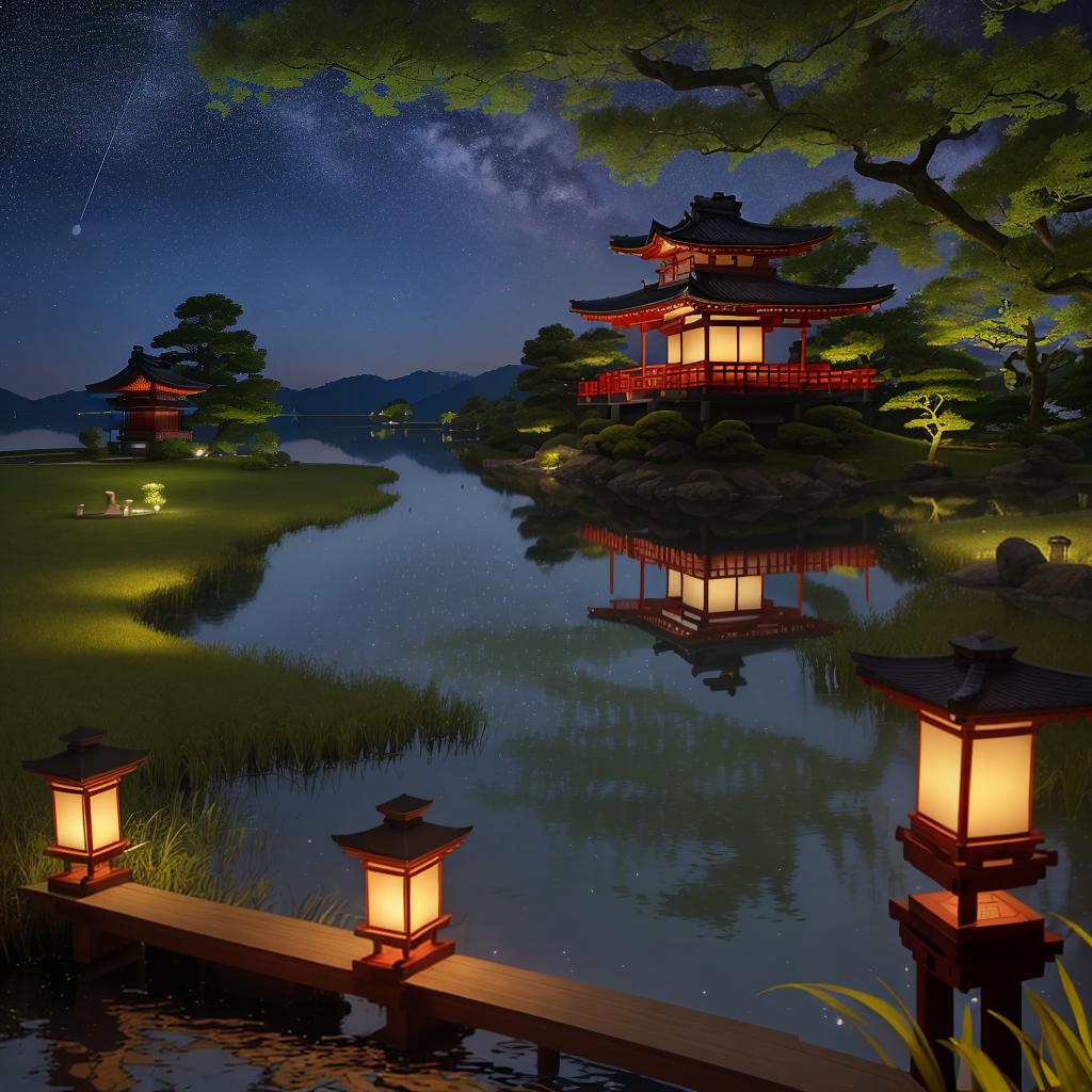  masterpiece, best quality, (Fidelity: 1.4), Best Quality, Masterpiece, Ultra High Resolution, 8k resolution, A night view inspired by Japanese art, featuring a garden illuminated by paper lanterns and a wooden bridge spanning a tranquil lake, by the lakeside, there is a small Zen temple. The water reflects the starry sky.