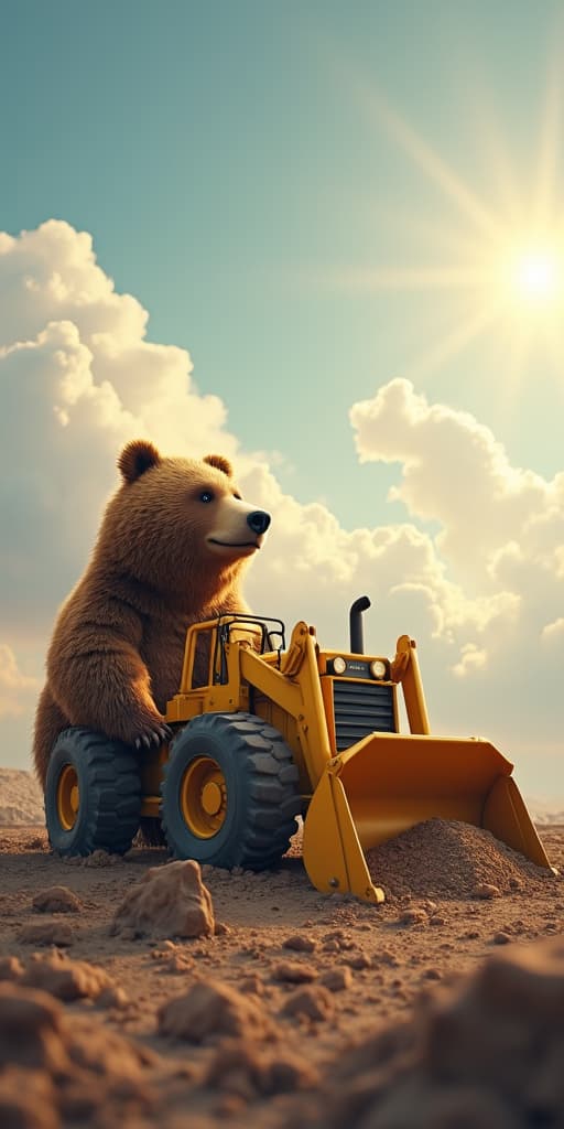  good quality, high quality, a yellow bulldozer standing right next to a bear, construction site, sun shines through clouds, highly detailed, photorealistic, realism, realistic bear