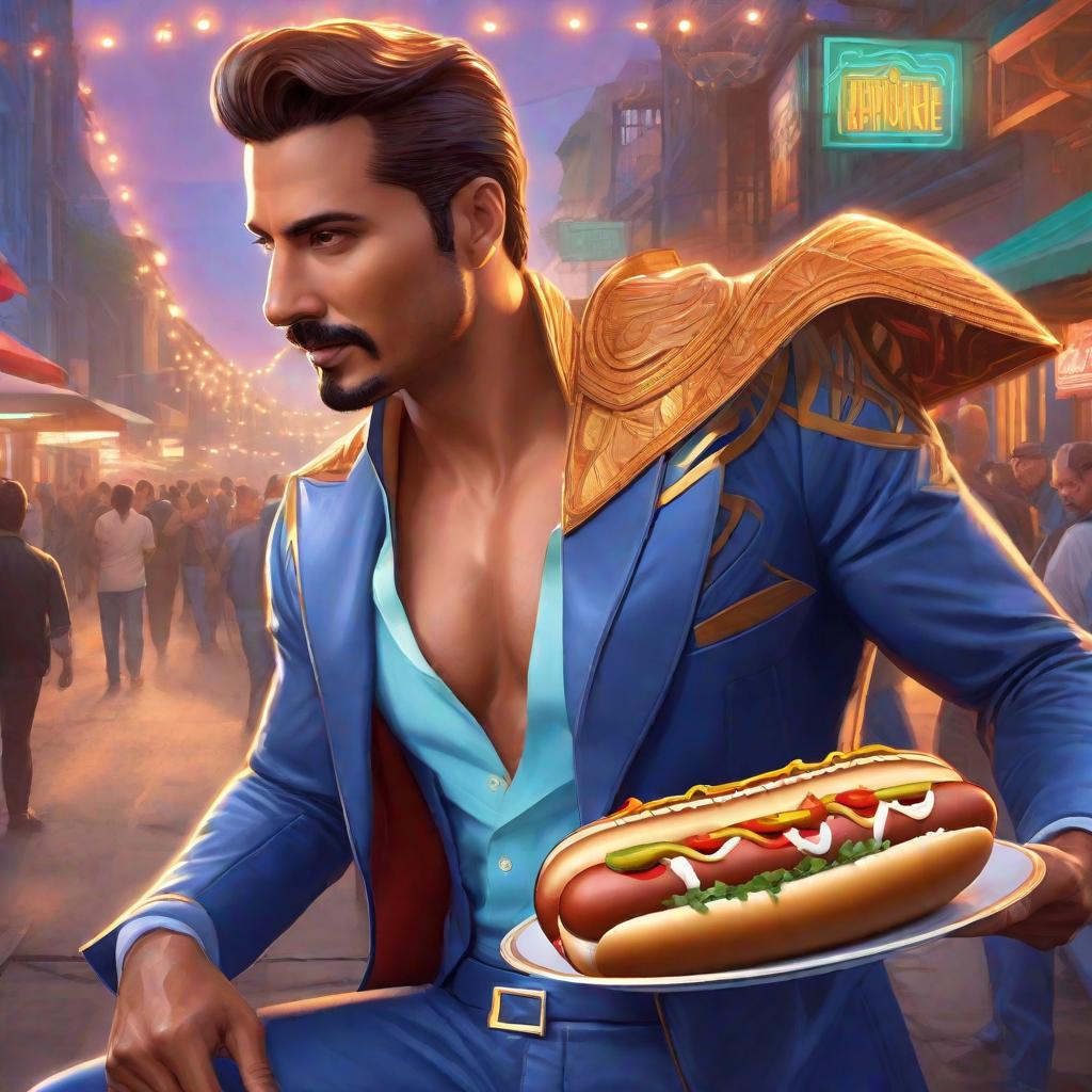  LATIN Hot Dog, blue color, glam, power, glowing lights intricate, elegant, highly detailed, digital painting, artstation, concept art, smooth, sharp focus, illustration, art by artgerm and greg rutkowski and fra angelico and unreal engine 5 hyperrealistic, full body, detailed clothing, highly detailed, cinematic lighting, stunningly beautiful, intricate, sharp focus, f/1. 8, 85mm, (centered image composition), (professionally color graded), ((bright soft diffused light)), volumetric fog, trending on instagram, trending on tumblr, HDR 4K, 8K