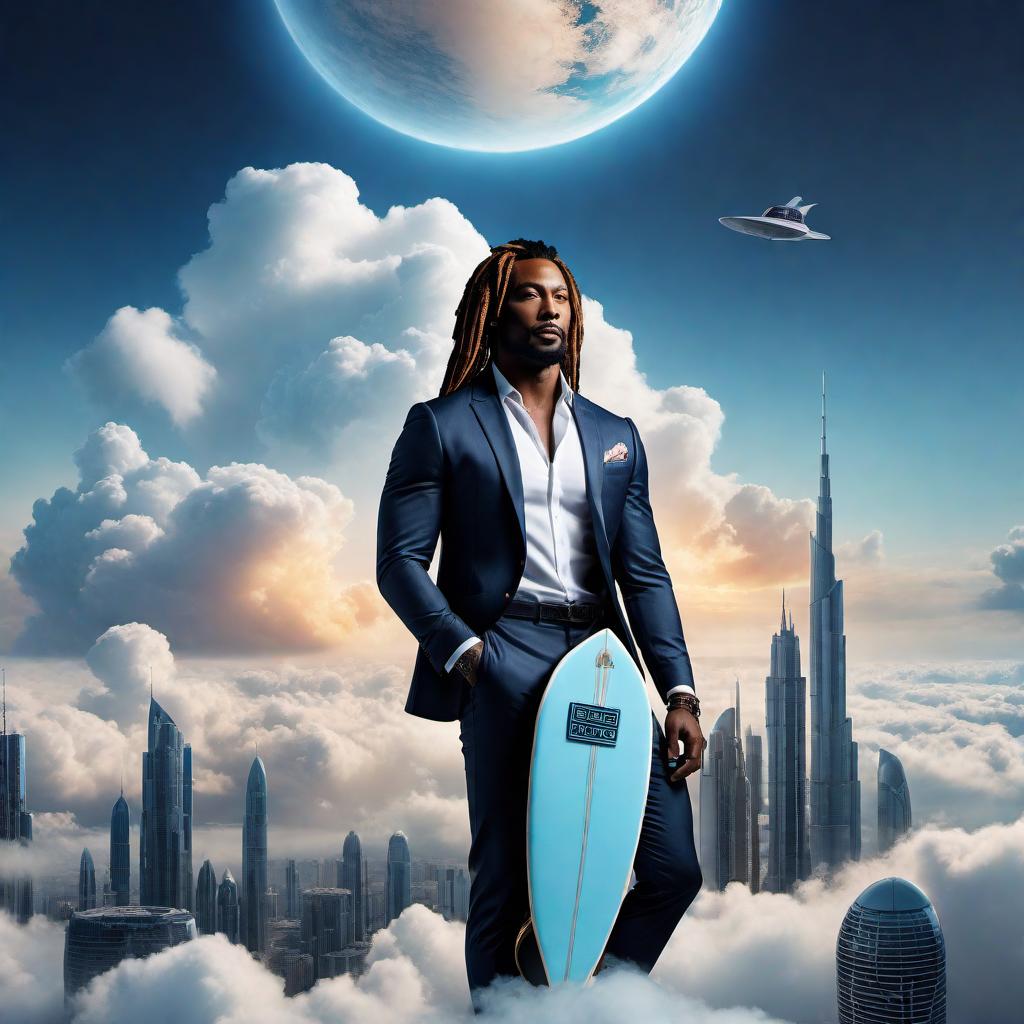  Create a dynamic and visually engaging logo for a clothing company named 'Cloud City Concepts.' The logo should feature an artistic representation of a black male with dreadlocks riding on a surfboard across the clouds, moving towards a futuristic city that is also floating in the clouds. The imagery should convey a sense of freedom, adventure, and futuristic urban style. The design should be well-suited for a modern clothing brand, with an emphasis on creativity and uniqueness. Please ensure that the logo is clear, memorable, and effectively incorporates the company name, 'Cloud City Concepts.' hyperrealistic, full body, detailed clothing, highly detailed, cinematic lighting, stunningly beautiful, intricate, sharp focus, f/1. 8, 85mm, (centered image composition), (professionally color graded), ((bright soft diffused light)), volumetric fog, trending on instagram, trending on tumblr, HDR 4K, 8K