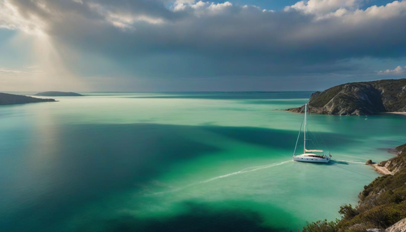  expressionist seascape, yacht afar, emerald transparent water, sun . raw, emotional, dynamic, distortion for emotional effect, vibrant, use of unusual colors, detailed hyperrealistic, full body, detailed clothing, highly detailed, cinematic lighting, stunningly beautiful, intricate, sharp focus, f/1. 8, 85mm, (centered image composition), (professionally color graded), ((bright soft diffused light)), volumetric fog, trending on instagram, trending on tumblr, HDR 4K, 8K