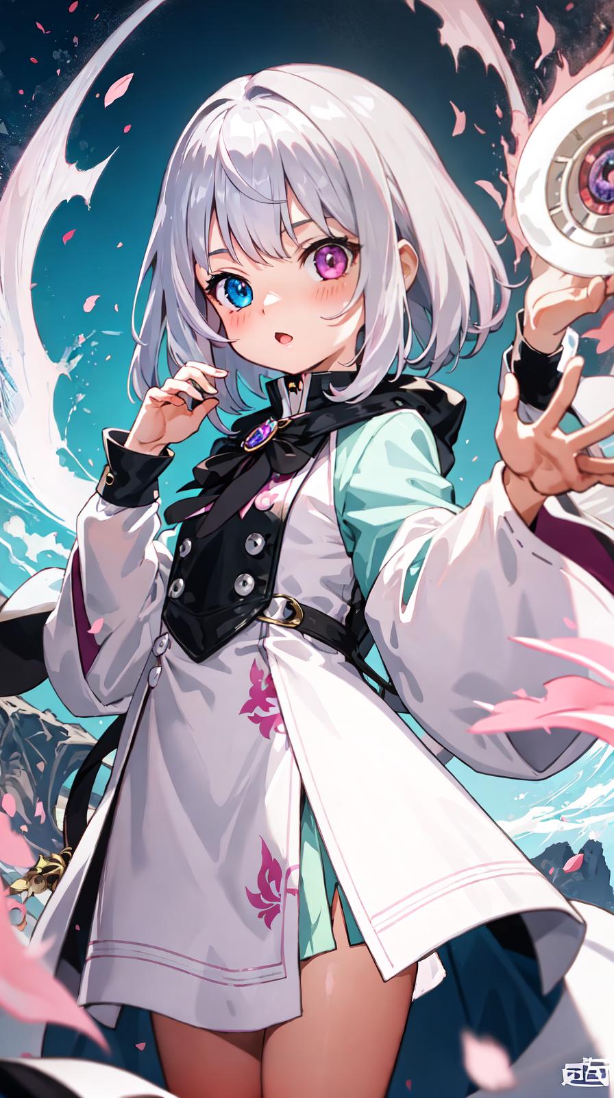  master piece , best quality,master piece,girl,(child) BREAK heterochromia,deep pink eye,light blue eye BREAK medium hair,silver hair BREAK wizard,tattoo BREAK magic,fantasy