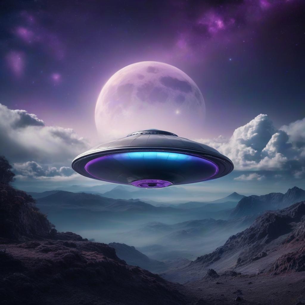  Flying saucer. Space, fantasy. Purple, blue, silver colors. Moon. hyperrealistic, full body, detailed clothing, highly detailed, cinematic lighting, stunningly beautiful, intricate, sharp focus, f/1. 8, 85mm, (centered image composition), (professionally color graded), ((bright soft diffused light)), volumetric fog, trending on instagram, trending on tumblr, HDR 4K, 8K