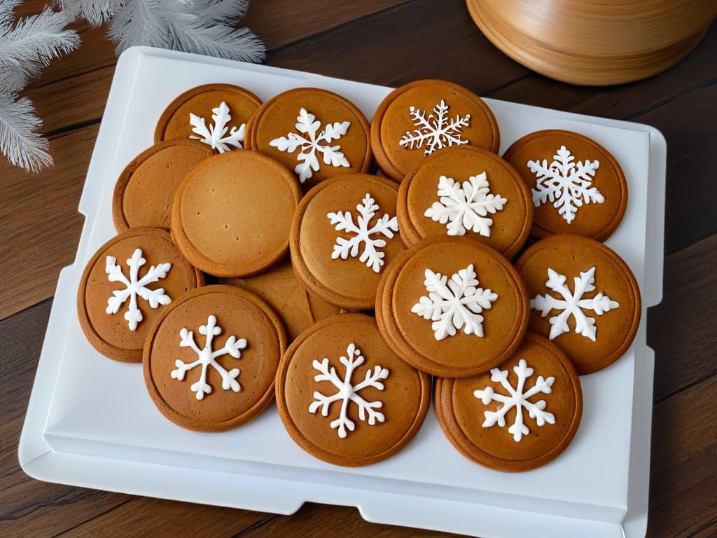  A closeup, ultradetailed image of freshly baked gingerbread cookies arranged in a circular pattern on a rustic wooden table. The cookies are intricately decorated with white icing, creating delicate snowflake designs and festive patterns. The goldenbrown cookies emit steam, showcasing their warm and inviting freshness, while a subtle hint of cinnamon and ginger lingers in the air. The soft natural light filtering through a nearby window casts a gentle glow on the cookies, highlighting their texture and craftsmanship. hyperrealistic, full body, detailed clothing, highly detailed, cinematic lighting, stunningly beautiful, intricate, sharp focus, f/1. 8, 85mm, (centered image composition), (professionally color graded), ((bright soft diffused light)), volumetric fog, trending on instagram, trending on tumblr, HDR 4K, 8K