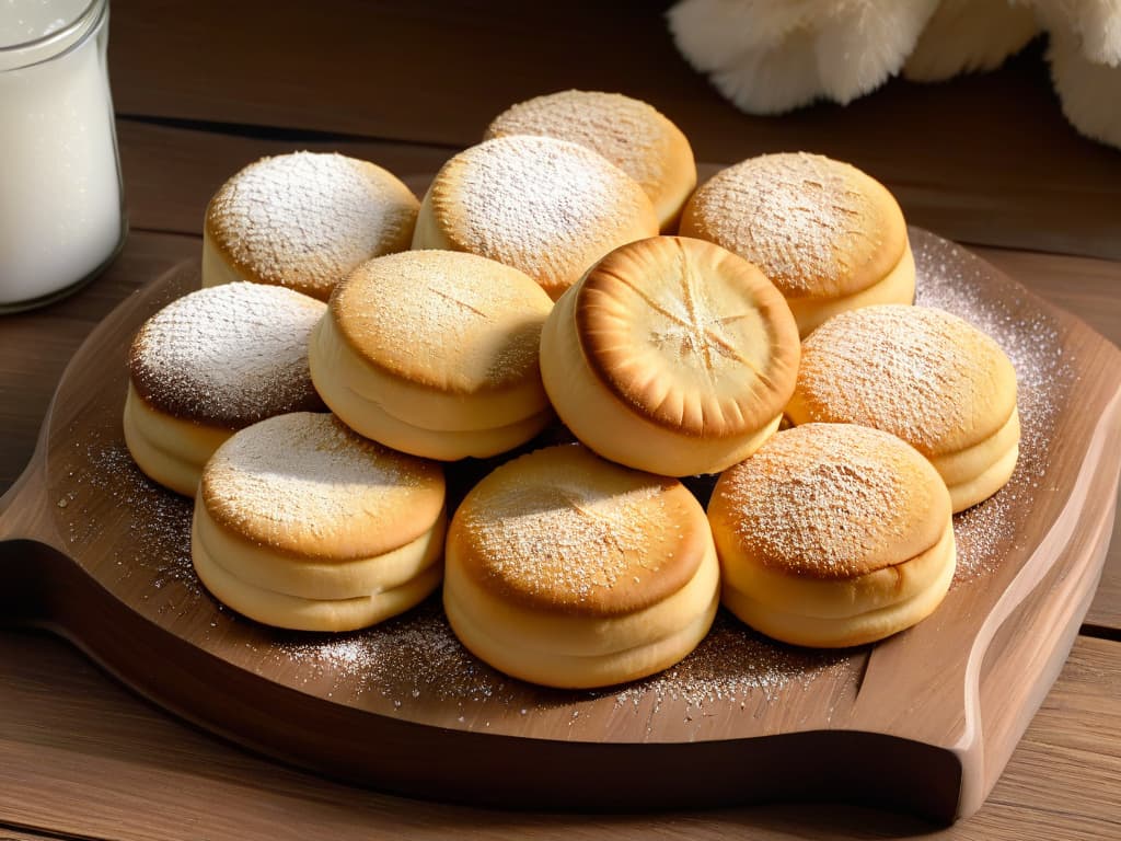  A closeup, ultradetailed image of freshly baked Maamoul cookies arranged neatly on a rustic wooden platter, showcasing the intricate patterns and goldenbrown color of the traditional Middle Eastern filled cookies. Each Maamoul is delicately dusted with powdered sugar, with a background of soft, diffused natural light highlighting the textures and craftsmanship of these delectable treats. hyperrealistic, full body, detailed clothing, highly detailed, cinematic lighting, stunningly beautiful, intricate, sharp focus, f/1. 8, 85mm, (centered image composition), (professionally color graded), ((bright soft diffused light)), volumetric fog, trending on instagram, trending on tumblr, HDR 4K, 8K