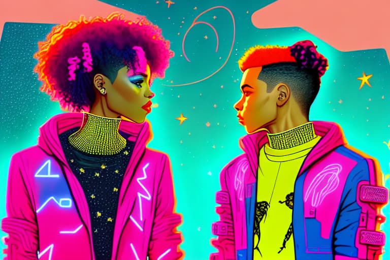  A lightskinned male with short Dark hair, with a shorter lightskinned female with long Dark pink hair, in love, Holding hands, talking a walk in cyberspace, neon yellow stars, neon orange and neon blue planets