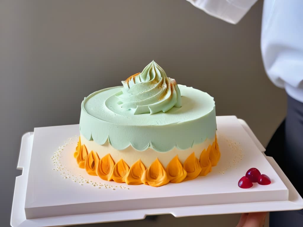  A closeup, ultradetailed image of a chef's hand meticulously piping swirls of velvety textured mousse onto a delicate dessert, showcasing the intricate ridges and peaks of the mousse with a soft, elegant color palette of pastel tones. hyperrealistic, full body, detailed clothing, highly detailed, cinematic lighting, stunningly beautiful, intricate, sharp focus, f/1. 8, 85mm, (centered image composition), (professionally color graded), ((bright soft diffused light)), volumetric fog, trending on instagram, trending on tumblr, HDR 4K, 8K