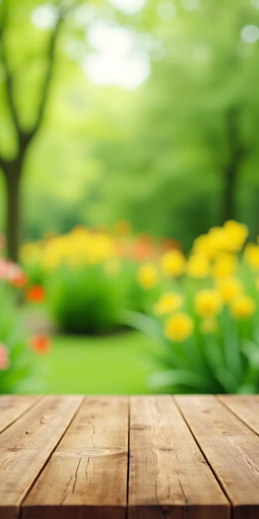  good quality, high quality, wooden tabletop with blurred garden background of green trees and yellow flowers