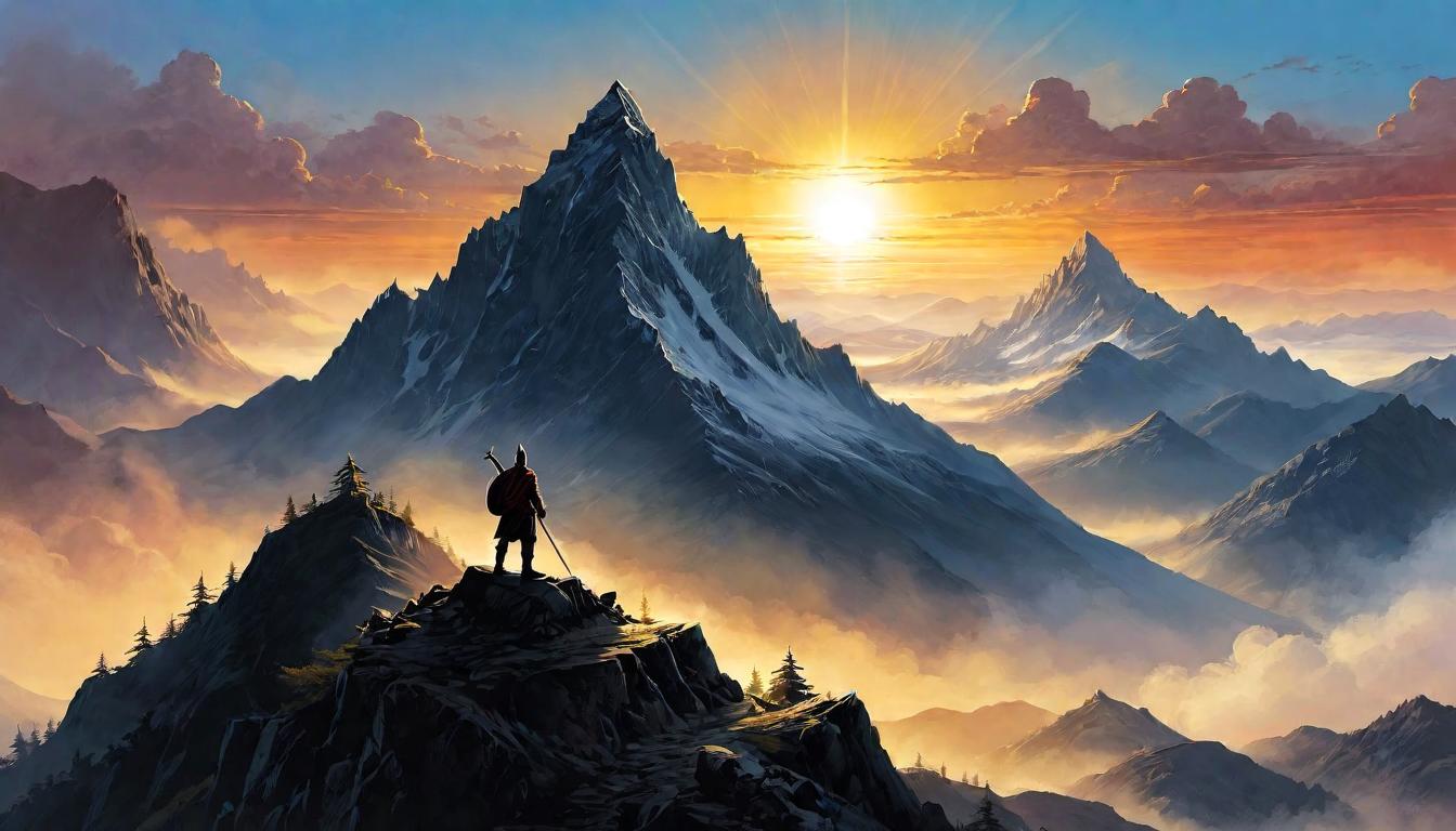  （surrealism)Mountain peak with a victorious figure standing tall, arms raised, bright sunrise behind, rugged terrain, figure's silhouette detailed with light and shadow, sense of accomplishment and new beginnings, triumphant, bold mystic, intricate details, best quality)