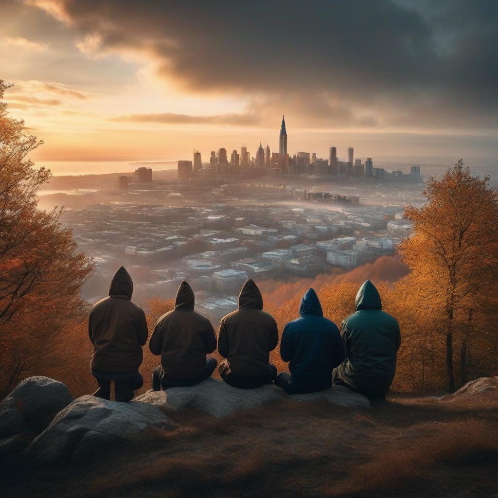  Five young men in hooded coats sitting on a hill and looking at the city where a large salute is taking place. hyperrealistic, full body, detailed clothing, highly detailed, cinematic lighting, stunningly beautiful, intricate, sharp focus, f/1. 8, 85mm, (centered image composition), (professionally color graded), ((bright soft diffused light)), volumetric fog, trending on instagram, trending on tumblr, HDR 4K, 8K