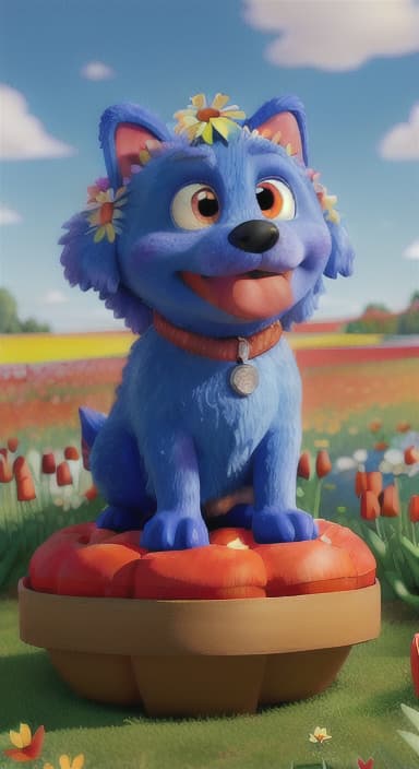  {The red ball nestled in a bed of colorful flowers like daisies and tulips, The big blue dog is large with sky blue fur, big round eyes, a black nose, and floppy ears.