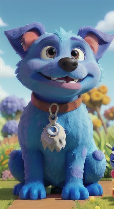  {Max carefully picking up the ball with his teeth without disturbing the flowers, The big blue dog is large with sky blue fur, big round eyes, a black nose, and floppy ears.