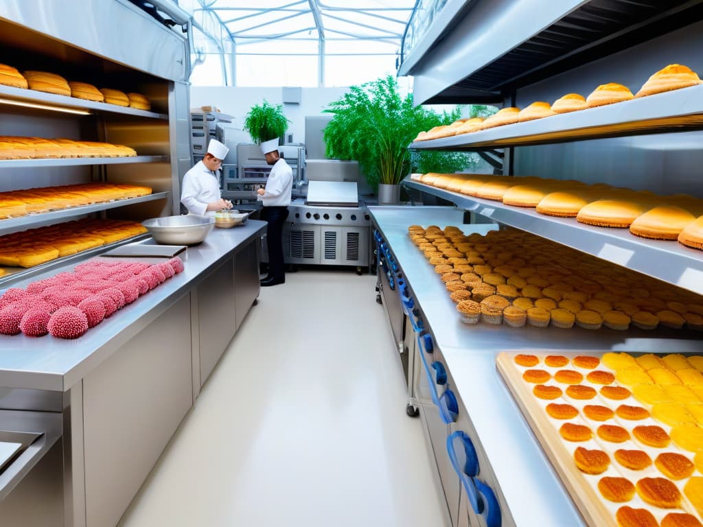  A photorealistic image of a modern, ecofriendly bakery kitchen bustling with pastry chefs in sustainable uniforms, using energyefficient equipment and organic ingredients. The space is filled with natural light streaming in through large windows, showcasing indoor plants and recycling stations. The chefs are engaged in innovative baking techniques, surrounded by shelves of locally sourced produce and compost bins, all symbolizing a harmonious blend of efficiency and sustainability in the future of pastry making. hyperrealistic, full body, detailed clothing, highly detailed, cinematic lighting, stunningly beautiful, intricate, sharp focus, f/1. 8, 85mm, (centered image composition), (professionally color graded), ((bright soft diffused light)), volumetric fog, trending on instagram, trending on tumblr, HDR 4K, 8K