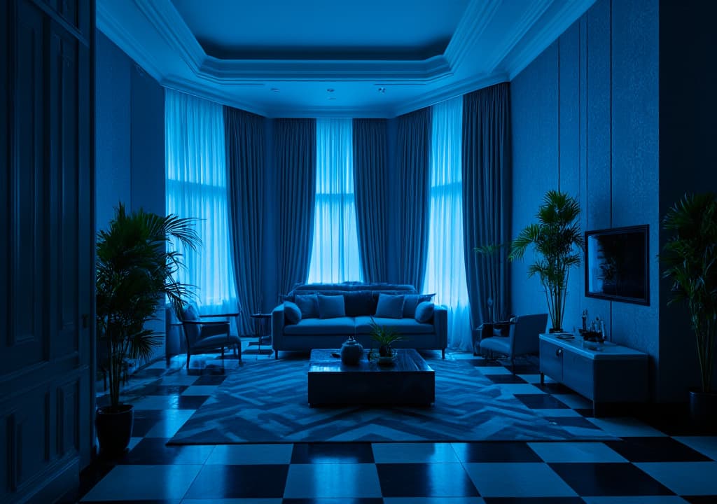  good quality, high quality, capture an unedited 8k photograph styled after mario testino. the scene features a sharp, hyperrealistic, and highly detailed view of a living room designed in the art deco style, characterized by 1920s 30s geometric patterns and luxury materials. the image should introduce a vibrant blue effect (rgb color value for blue), professionally color graded with bright, soft diffused light. the shot is taken using a 100mm f/2.8 telephoto lens under nocturnal lighting. emphasize a mystery movie ambiance by applying cinestill 800t film grain to enhance a nostalgic style, drawing from past decades with vintage color schemes and dense, intricately blurred backgrounds that amplify the scene’s stunning beauty.