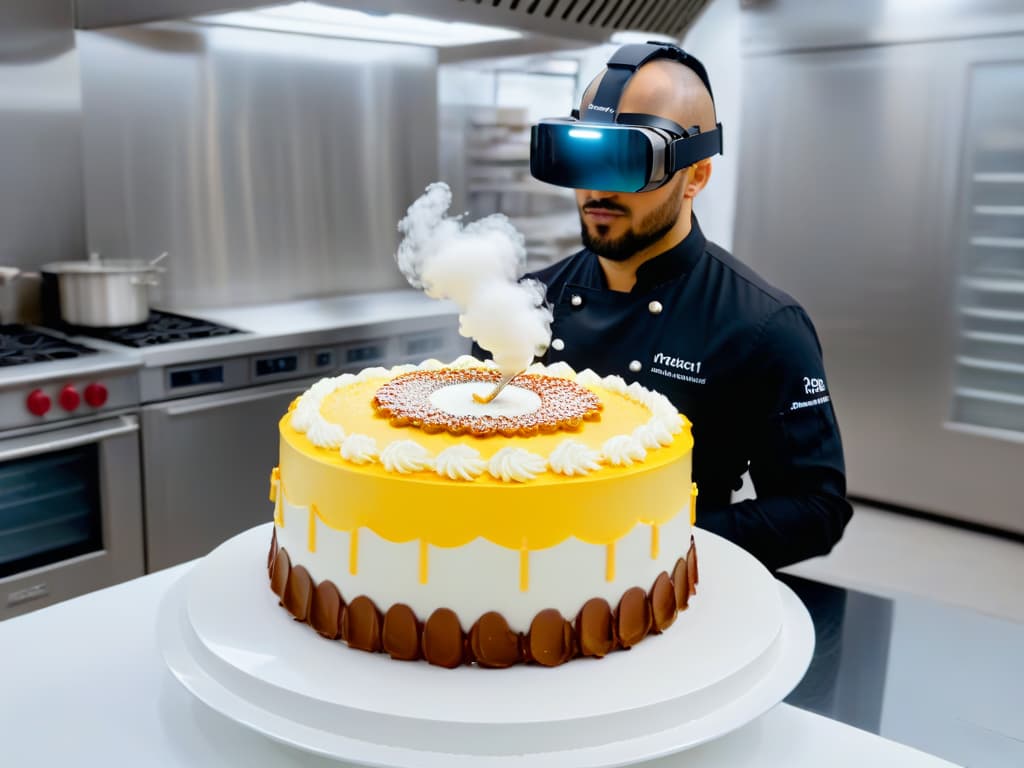  A minimalist image of a professional pastry chef in a sleek modern kitchen, wearing a sleek augmented reality headset that displays intricate cake decorating instructions hovering in the air. The chef is focused and precise as they use the AR guidance to create a stunning and elaborate cake masterpiece, surrounded by hightech kitchen gadgets and tools. The background is clean and contemporary, emphasizing the fusion of cuttingedge technology with the art of pastry making. hyperrealistic, full body, detailed clothing, highly detailed, cinematic lighting, stunningly beautiful, intricate, sharp focus, f/1. 8, 85mm, (centered image composition), (professionally color graded), ((bright soft diffused light)), volumetric fog, trending on instagram, trending on tumblr, HDR 4K, 8K