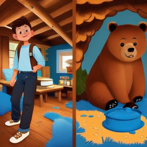  (a boy with short hair and brown shirt and blue jeans) is standing, the bear is sitting and eating honey, in a dimly lit cabin.