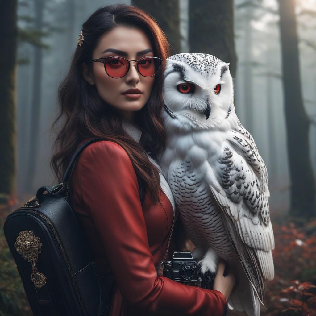  A girl with red glasses and a black case holds a white owl on her shoulders. hyperrealistic, full body, detailed clothing, highly detailed, cinematic lighting, stunningly beautiful, intricate, sharp focus, f/1. 8, 85mm, (centered image composition), (professionally color graded), ((bright soft diffused light)), volumetric fog, trending on instagram, trending on tumblr, HDR 4K, 8K